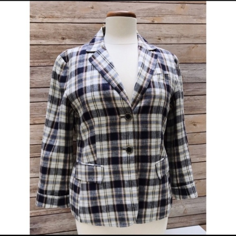 Lafayette 148 Navy Plaid Linen Blazer